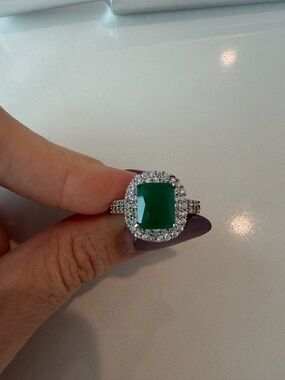925 sterling SILVER Emerald-cut center Halo Ring with ZIRCONIA pavè- size 8,5 US